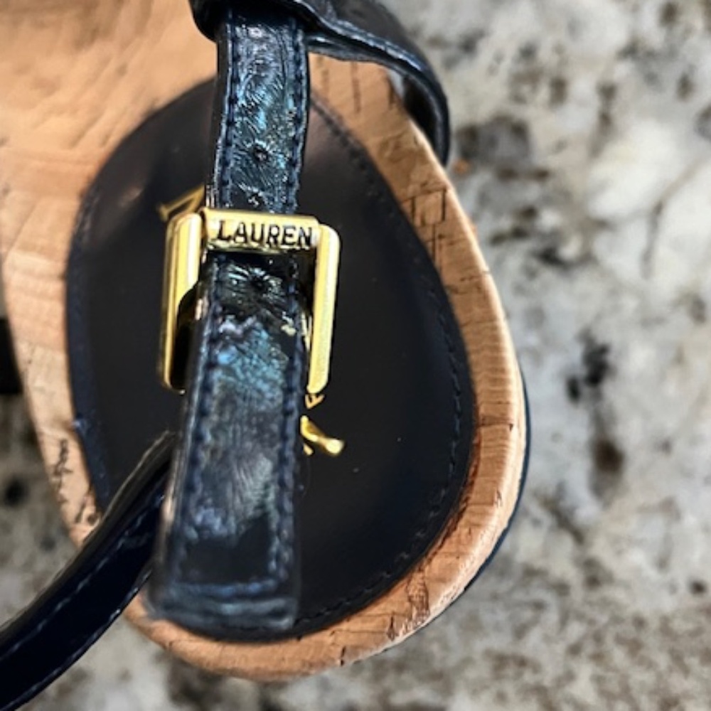 Lauren Ralph Lauren Reeta Black Patent Leather T-strap 3" Wedge Sandals Sz 8.5 - Picture 5 of 10